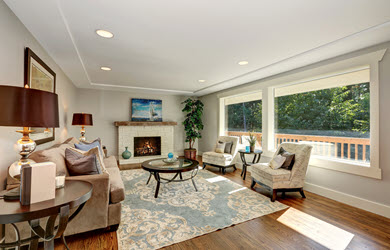 clean oriental rug in spacious bright family room