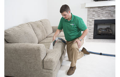 upholstery cleaning being conducted on a sofa